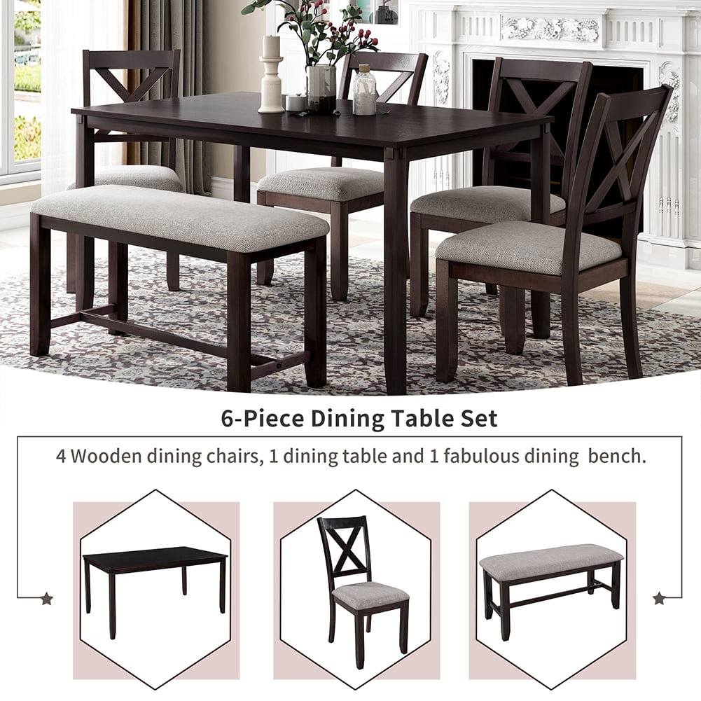 Private Jungle 6-Piece Kitchen Dining Table Set Wooden Rectangular Dining Table,4 Dining Chair and Bench Family Furniture(Espresso) Private Jungle 6-Piece Kitchen Dining Table Set Wooden Rectangular Dining Table,4 Dining Chair and Bench Family Furniture(Espresso)