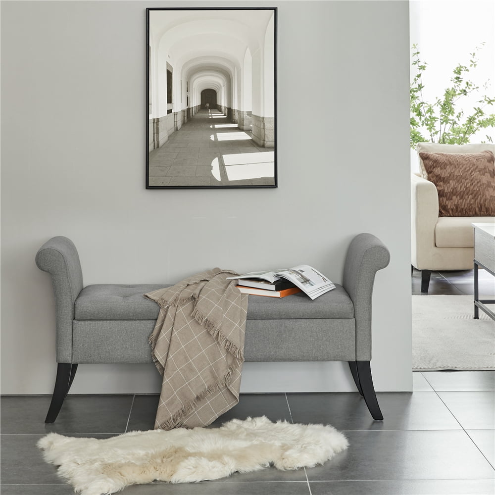 Yaheetech 18"H Modern Fabric Tufted Storage Ottoman Bench with Rolled Arms, Light Gray