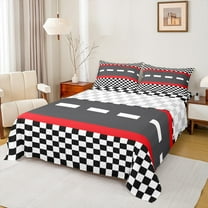jejeloiu Classic Geometric Checkered Bed Sheets,Racing Track King Sheets,Red Black White Sheet Set For Boys Kids,Microfiber Bedroom Decor,4 Pieces