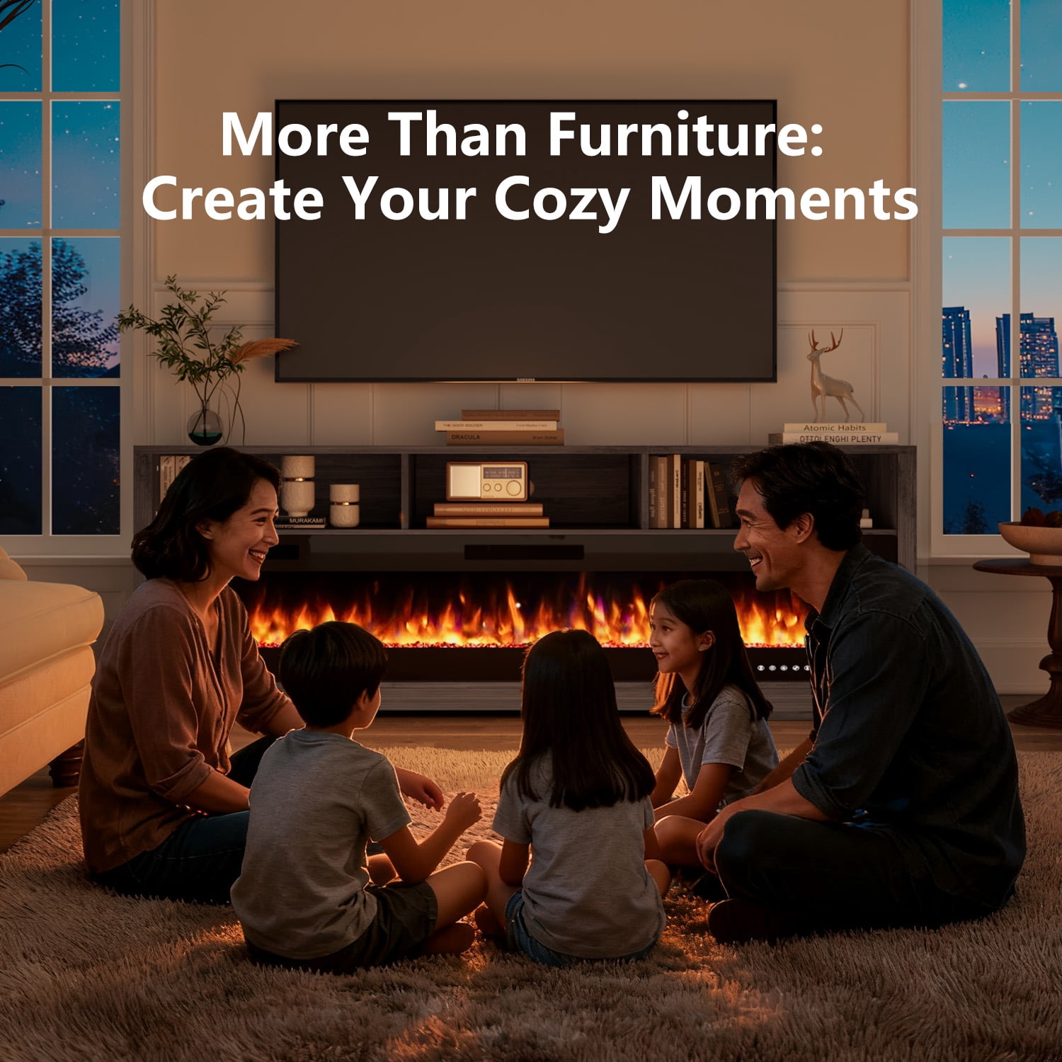 BOSSIN 65 Inches Fireplace TV Stand with 60" Electric Fireplace Up to 75" TV, Entertainment Center with Open Shelve Storage for Living Room