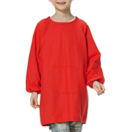 Childrens Vinyl Artist Smock - (Price/each)Opromo Cotton Canvas Long-Sleeve Artist Smock, Kids Smock with Front Pocket-Red-M