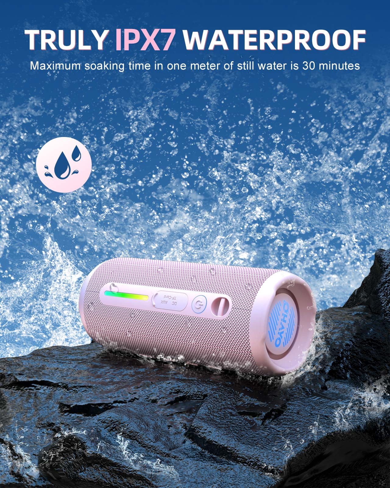 Portable Bluetooth Speaker, 24W Stereo Sound, IPX7 Waterproof, Bluetooth 5.3, RGB Lights, Dual Pairing, 30H Playtime for Outdoor Home Party