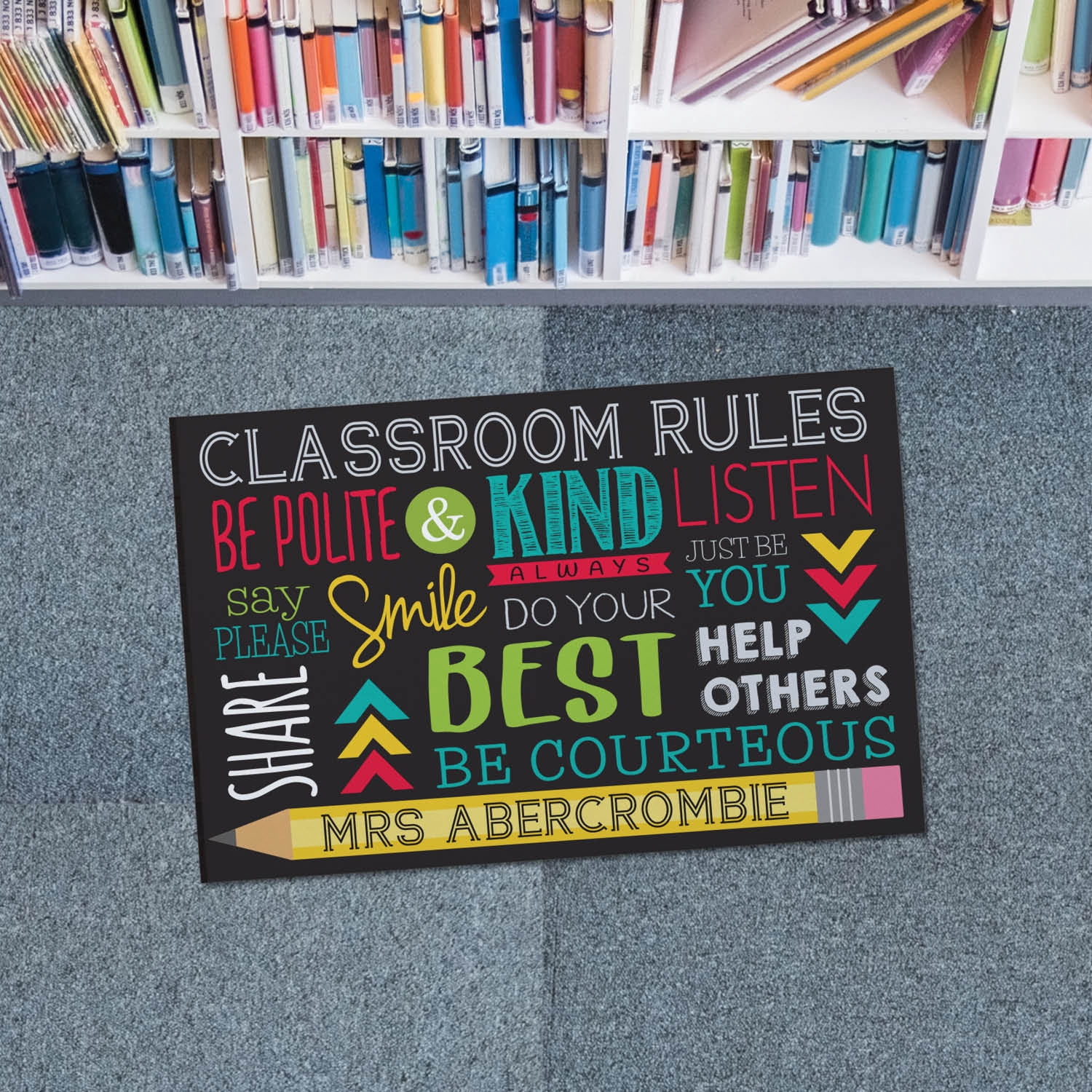 Personalized Planet 27x18 Classroom Rules Personalized Doormat on Durable Indoor Outdoor 1/4" Thick Low Profile Mat with Non Slip Rubber Backing