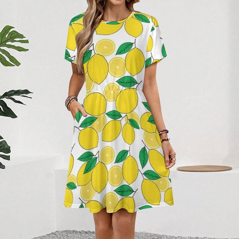 Lemon Print Sundress Short Sleeve Dress Summer Women Clothes Dress for  Women Dresses - Walmart.com