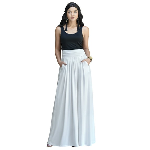 KOH KOH Long Flowy Cute Modest High Empire Waist Full Floor Length Pockets Casual Semi Formal Vintage Work Office Workwear Maxi Skirt For Women Ivory White X-Small US 2-4 NT325