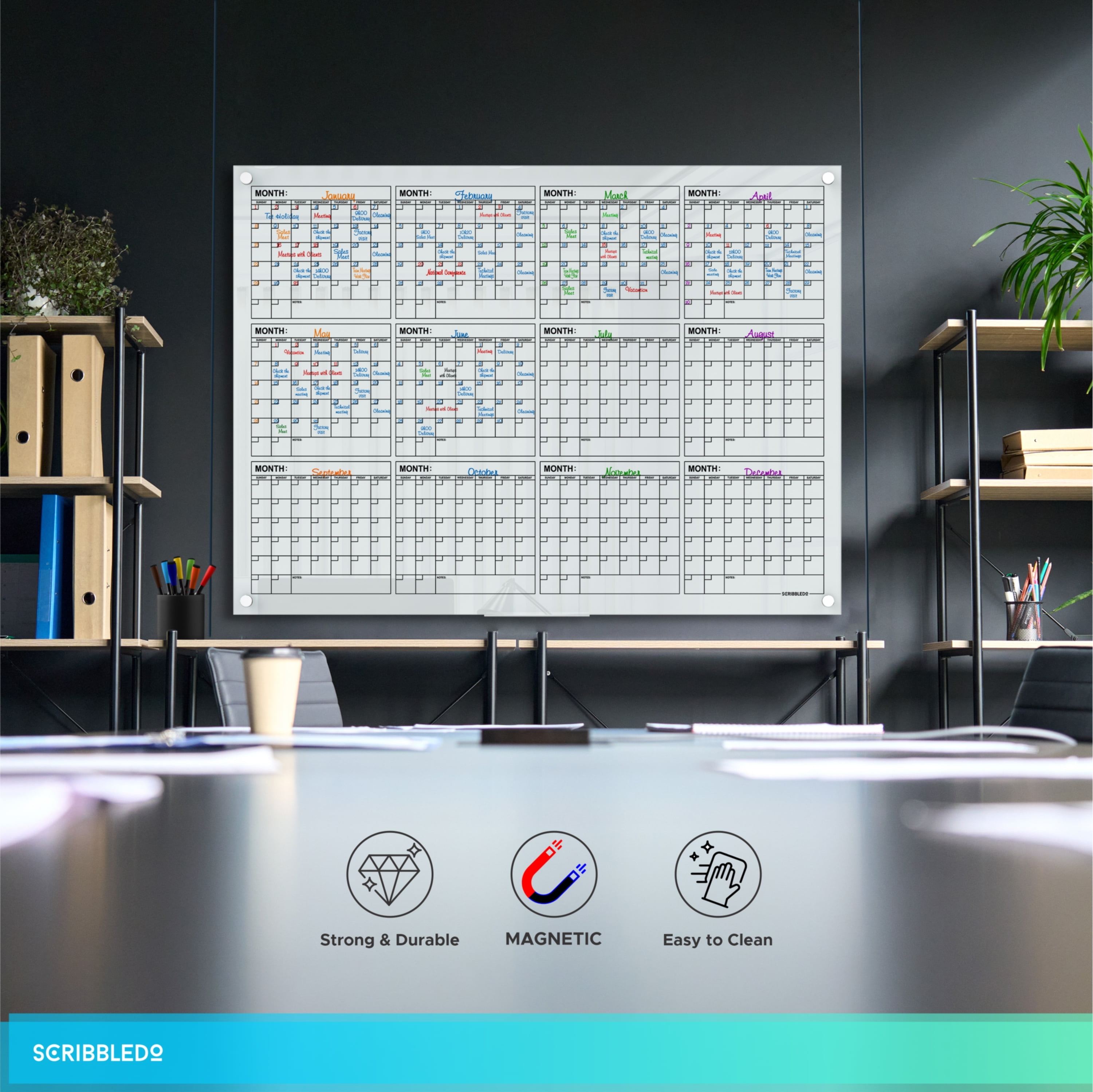 Yearly 34"x46" Glass Whiteboard Calendar Planner White Board 12 Month Dry Erase Calendar for Wall Glass Calendar Whiteboard Large Wall Calendar