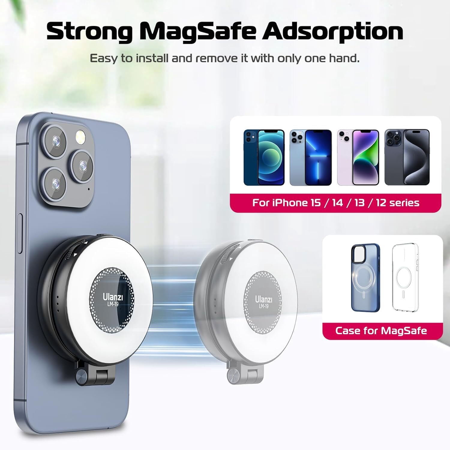Ulanzi LM19 MagSafe Light Portable Selfie Light for iPhone 16 15 14 13 12 Pro Max Fill Light Phone Stand for Selfie Video Vlog