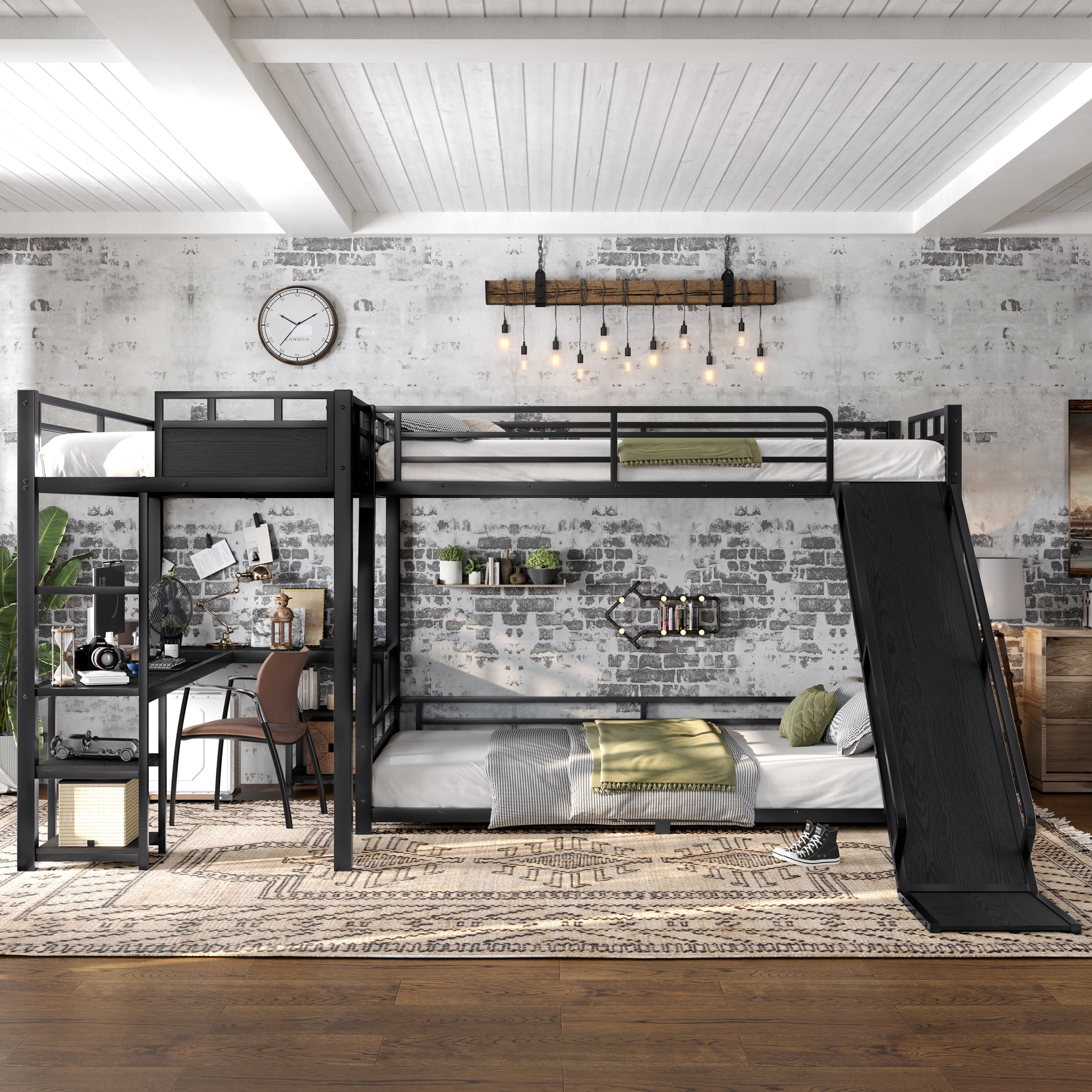 Leumius Full Over Queen Metal Triple Bunk Bed,L-Shaped Triple Bed Frame with Desk, Storage Shelves and USB Charging Port,Black