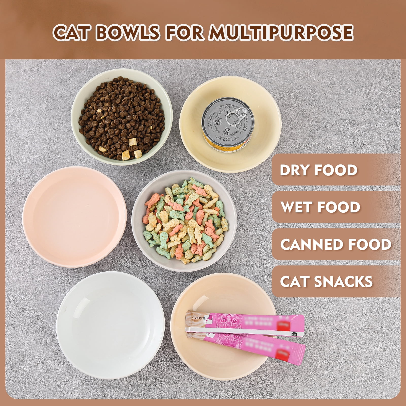 Ceramic Cat Food Bowl Set - Colorful Cat Feeding Bowls with Non Slip Mat - Wide Shallow Cat Bowl Whisker Friendly - Cat Plates - Cute Cat Dish - Microwave Dishwasher Safe - 6 Pack - 8.5 oz - 5.75 inch