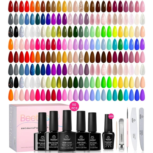 Set de esmaltes de uñas en gel Beetles, 100 colores con capa base