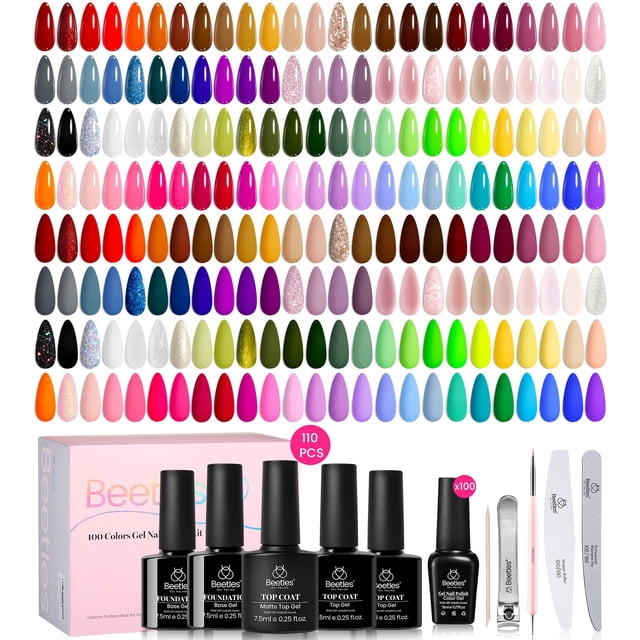 Set de esmaltes de uñas en gel Beetles, 100 colores con capa base