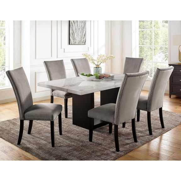 Dining Table w White Marble Top 6x Dining Side Chairs Nailhead Trim Gray Fabric Wood 7pc Dining Set