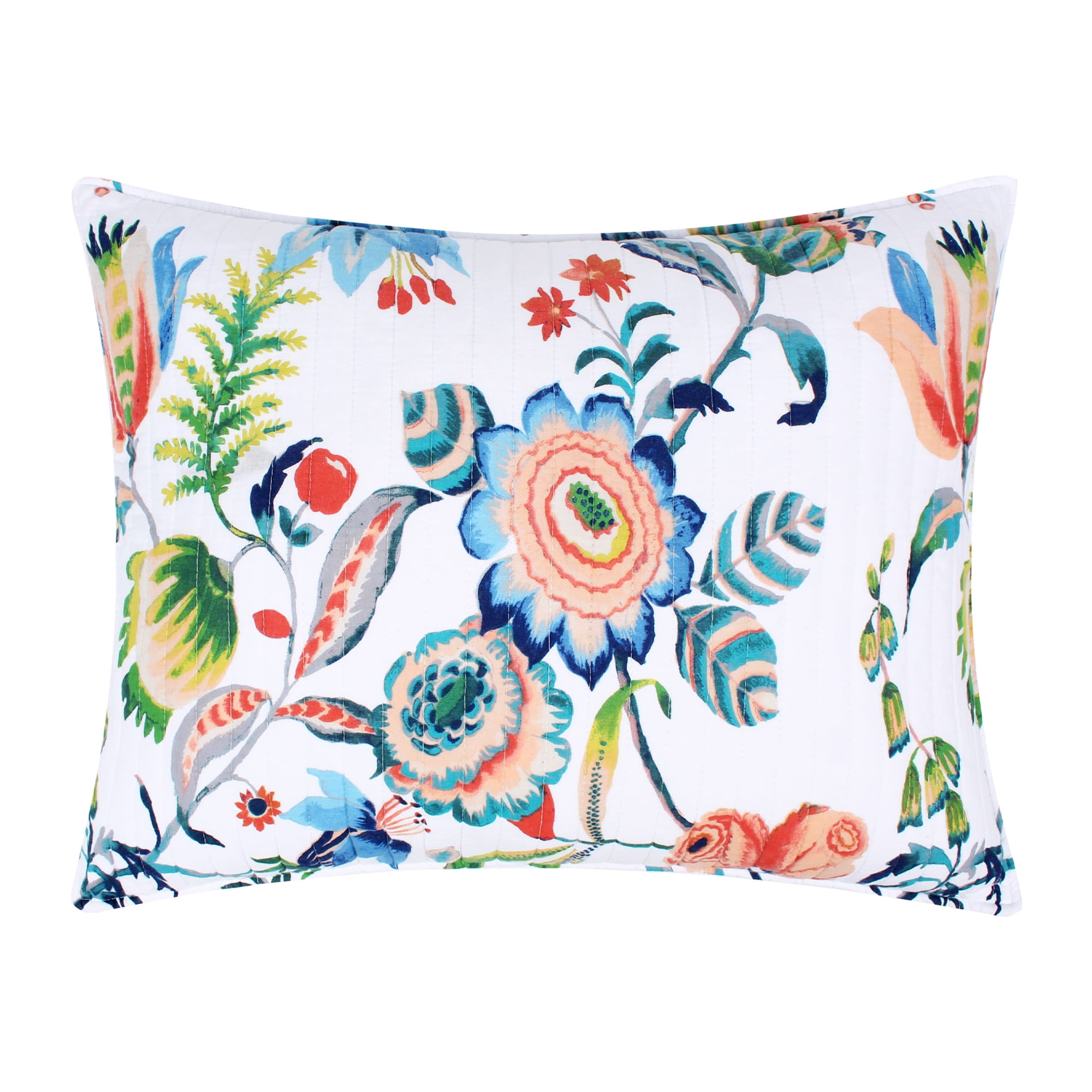 Levtex Home - Eleni Quilt Set - Full/Queen Quilt and Two Standard Shams - Floral - Blue, Navy, Coral, Green, White - Quilt (88x92in.) and Shams (20x26in.) - Reversible - Cotton