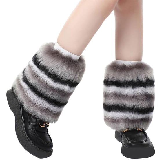 Liacowi Women Faux Fur Leg Warmers Fuzzy Striped Contrast Color Boot Cuffs Covers