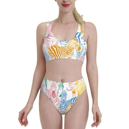 Bixox Zebra Colourful Pattern Two-Piece Sports Bikini with U-Shaped Top and High-Waist Bottom - Women s Swimwear with Removable Bra Pads