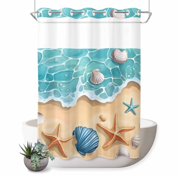 Teal Beach No Hook Shower Curtain Water Ripped Starfish Shell Shore Coastal Shower Curtain with See Through Top Window, Waterproof Washable Fabric Curtain for Bathroom Hotel Decor, 60Wx72L