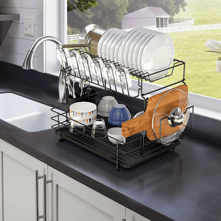 Auledio 2 Tier Dish Rack with Cup Holder and Utensil Holder Organizer for  Kitchen in Black 