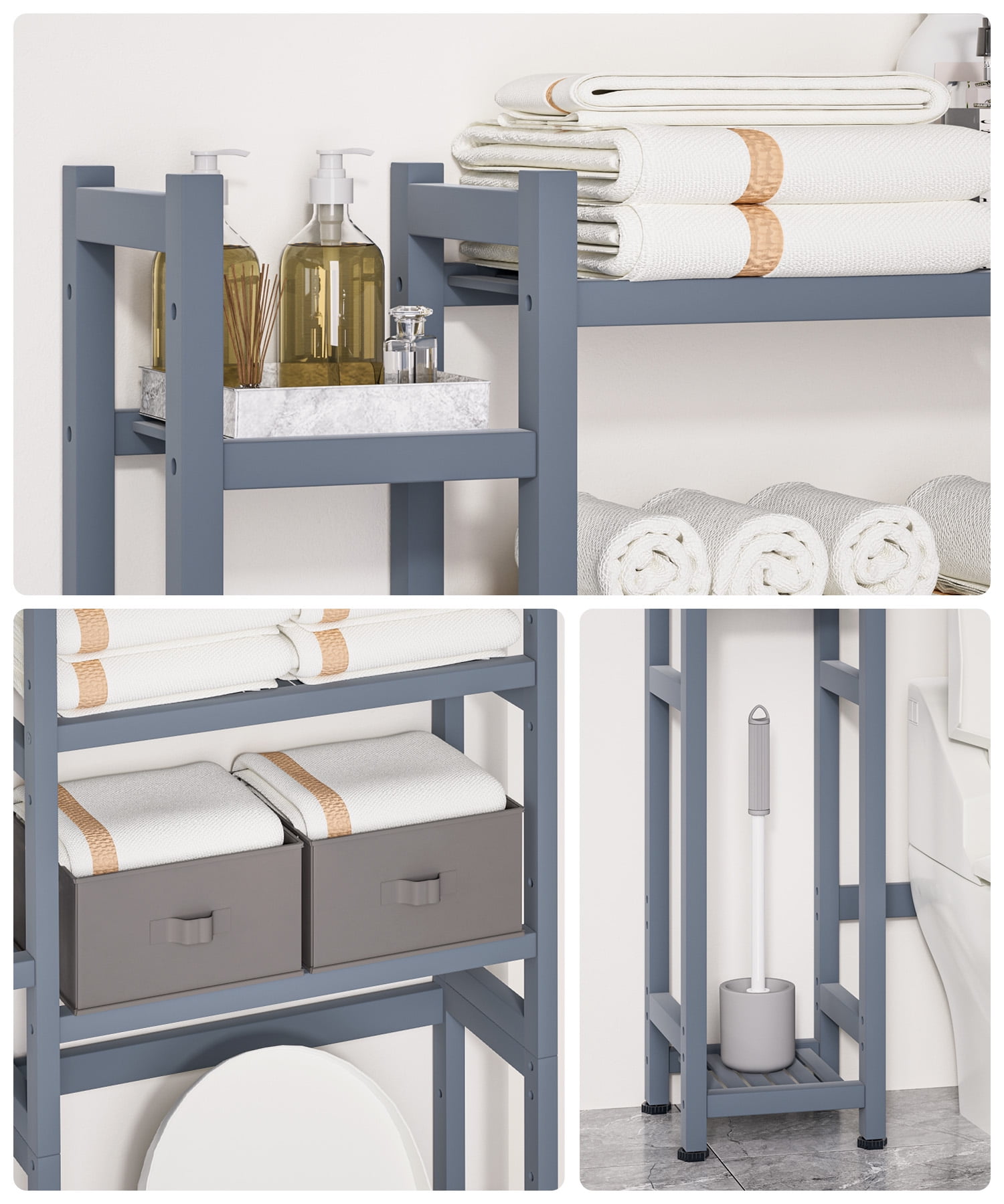 VigorPro Over the Toilet Storage, Bamboo Bathroom Organizer with Basket, Drawer, Waterproof Feet Pad, Adjustable Space-Saving Rack for Restroom and Laundry