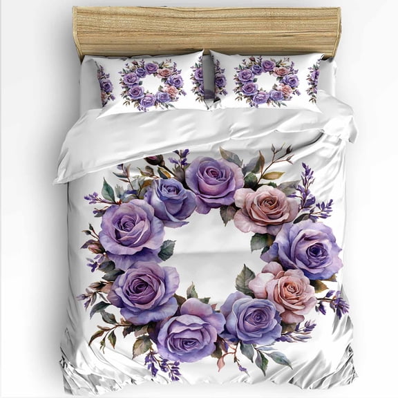 Purple Flower King Size Comforter Set, Spring Wreath Blooming Rose Soft Bedding for All Seasons, 4 Pcs Bed Set with 1Comforter (90"x106") ,1 Sheet(94"x116"), 2 Pillowcases (19"x35")