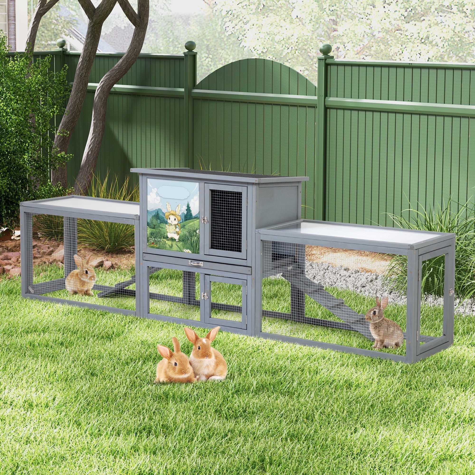 Outdoor 2-Story Rabbit Hutch, Chicken Coop,Large Bunny House with 2 Runs, Resting Room, PC Sun Roof, Pull-Out Tray,Guinea Pig Cage Enclosure