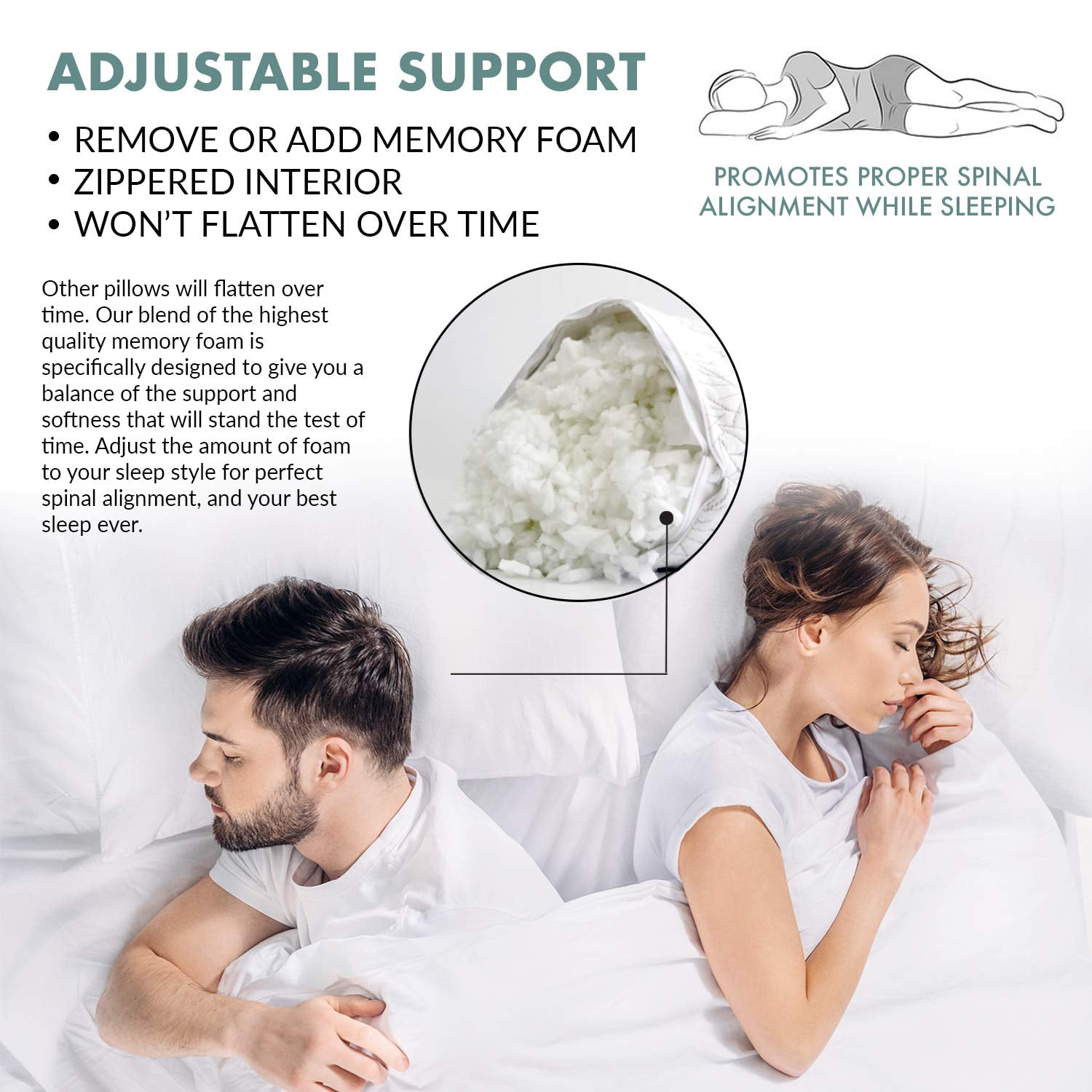 EnerPlex Memory Foam Pillows - Pack of 2 Adjustable, CertiPUR-US Certified Queen Size Pillows for Sleeping w/Extra Foam  Removable Cover - Machine Washable Firm Pillow