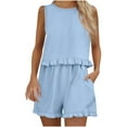 thumbnail image 3 of Feancey Plus Size Cotton Linen Sets for Women Sleeveless Crop Tank Top and Ruffle Shorts Lounge 2 Piece Set Summer Casual Vacation Outfits with Pockets Sky Blue XXL, 3 of 10