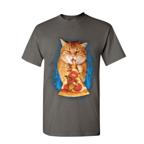 Tee Hunt Cat Eating Pizza T-Shirt Funny Weird Kitten Pet Kitty Peperoni Mens Shirt, Charcoal, Large