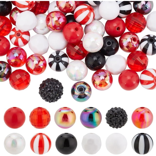 112 Pcs Perles de Bubblegum Acrylique 16mm - Perles Rondes Rouges Noires en Vrac pour Guirlande de Stylos Bracelet de Bijoux Fabrication de Sacs de Téléphone Chaîne Décoration de Mariage Fête des Mères