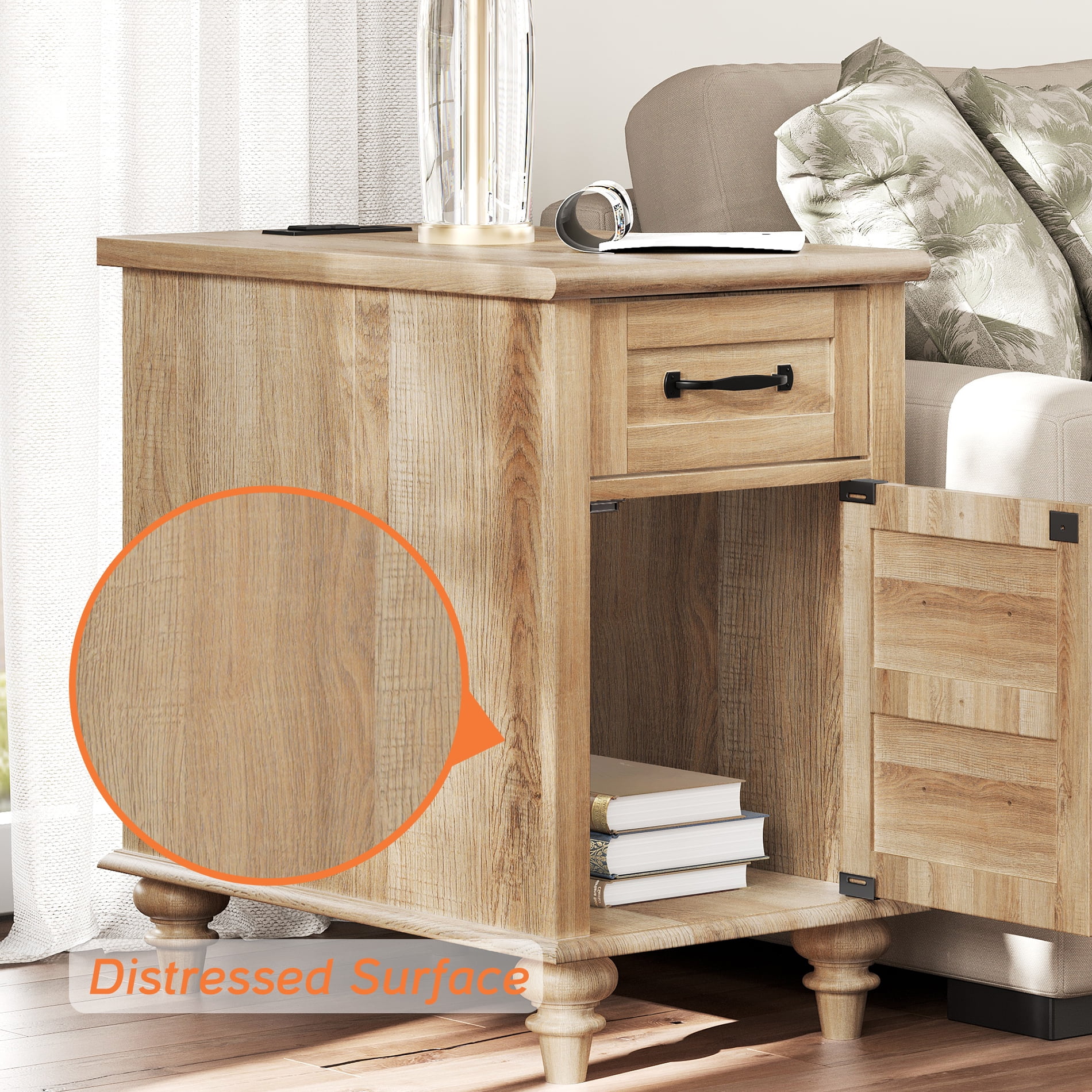 3 Piece Bedroom Set, Queen Bed Frame & 2 Nightstands with Charging Station, 1 Drawer & Storage Cabinet, Oak