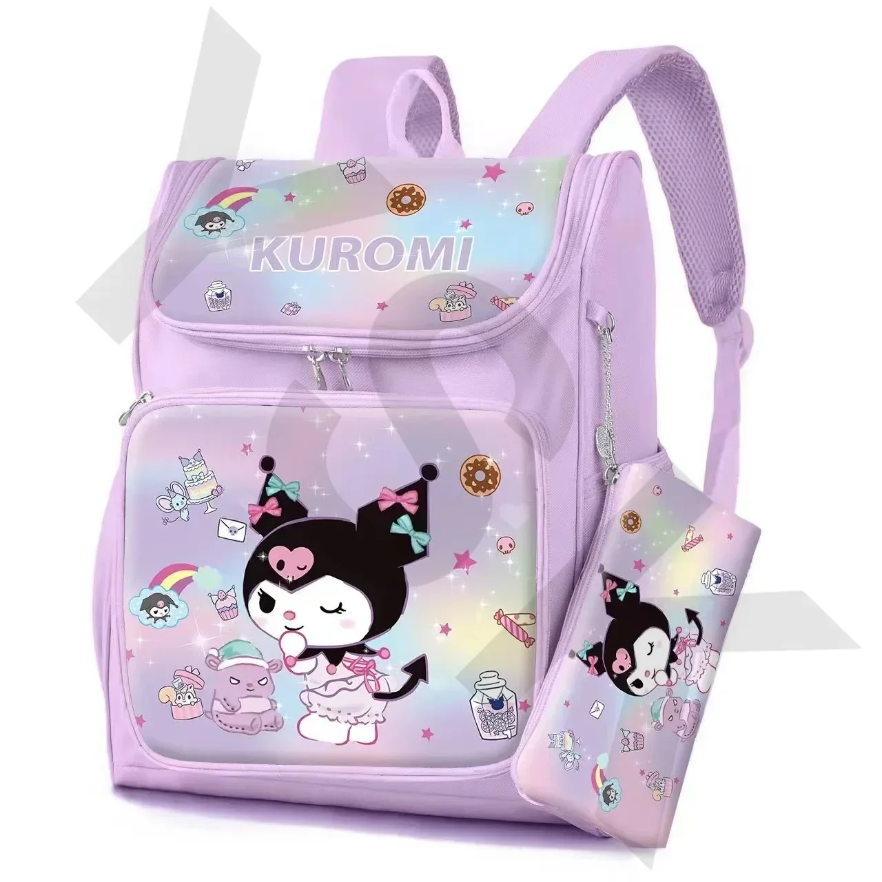 MINISO Kuromi Color Cartoon Fabric Student Backpack Large Capacity with Pencil Case Reduce Burden Anime Kawaii Cartoon Mochila