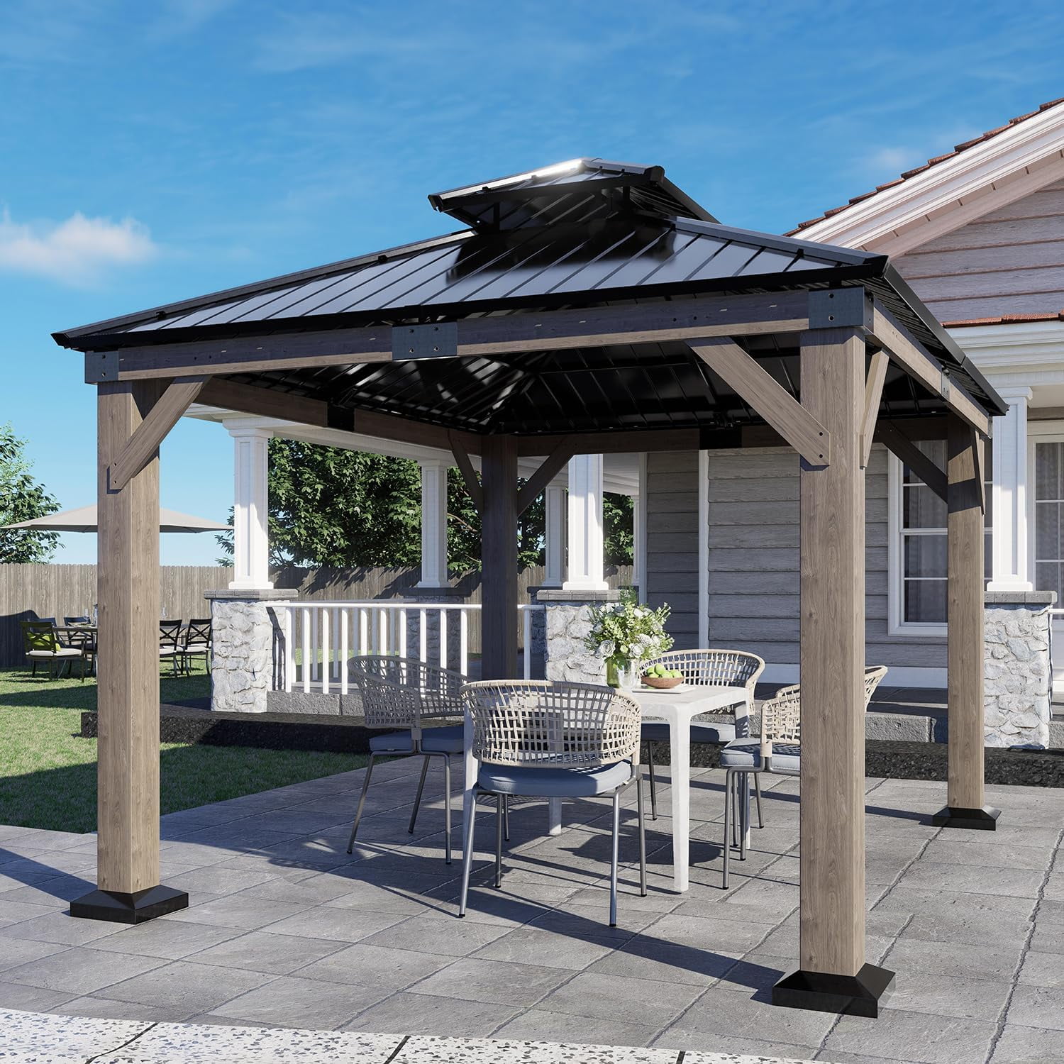 SOLUMIA 10'x12' Hardtop Gazebo Cedar Wood Frame with Double Galvanized Steel Roof, Brown, for Patio or Backyard