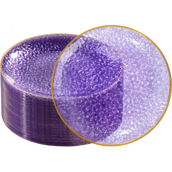 DaYammi 60 Pcs Clear Purple Plastic Dessert Plates, Hammered Party Plates, Disposable Heavy Duty Salad/Dessert Platos, Gold Plastic Appetizer Platos Disposable For All Occasions