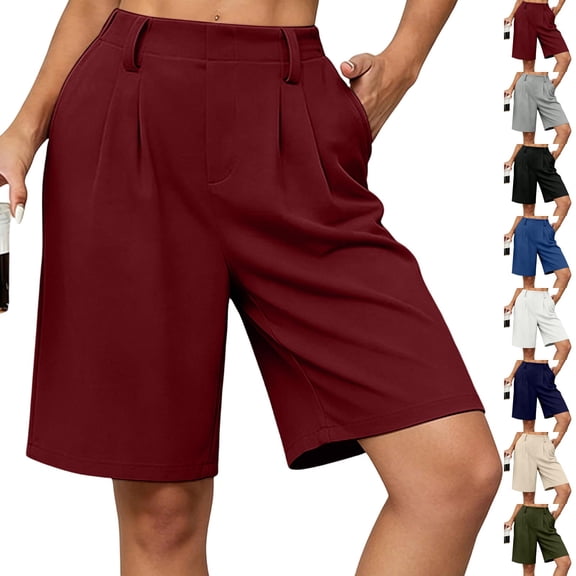 Shorts for Women Dressy Casual High Waisted Wide Leg Pleated Shorts with Pockets Elastic Waist Knee Length Pants Khaki 2XL