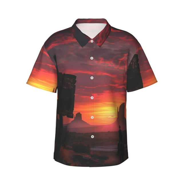 Balery Sunset Western Desert Cowboy Camisas hawaianas de manga corta para hombre, camisas playeras de corte holgado, camisas de vacaciones con botones,Large