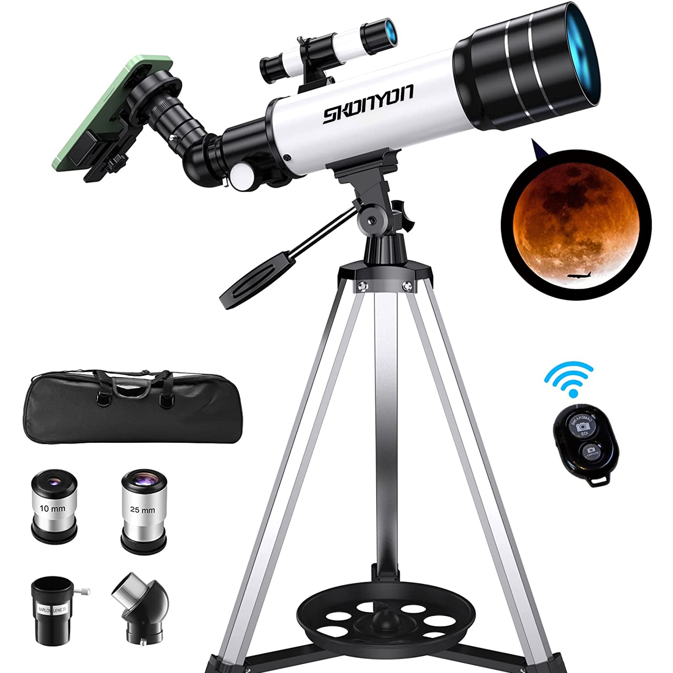 World Optical Telescope for Adults Kids Astronomy Beginners 400/70mm Travel Scope Refractor Telescopes with Adjustable Tripod Phone Adapter Finderscope Erect-Image Diagonal Moon Mirror Two Eyepieces 