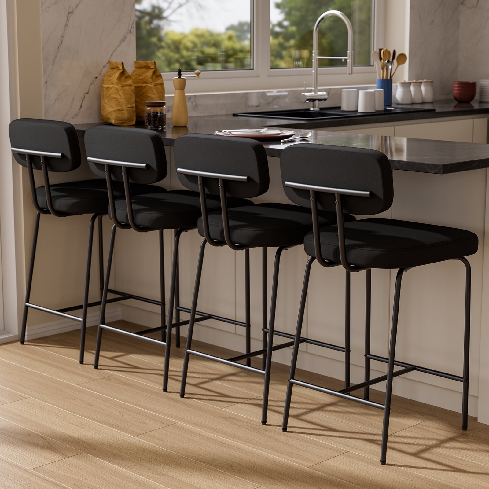 Genpo Counter Height Bar Stools Set of 3, 26" Black Fabric Kitchen Counter Stools with Backs, Metal Legs, Footrest and Wide Seat, Bar Chairs for Kitchen Island