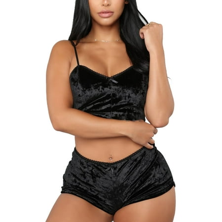 

XIAXAIXU Womens 2Pcs Lingerie Velvet V Neck Pajamas Set Sleepwear Chemise Shorts Nightwear Black XL