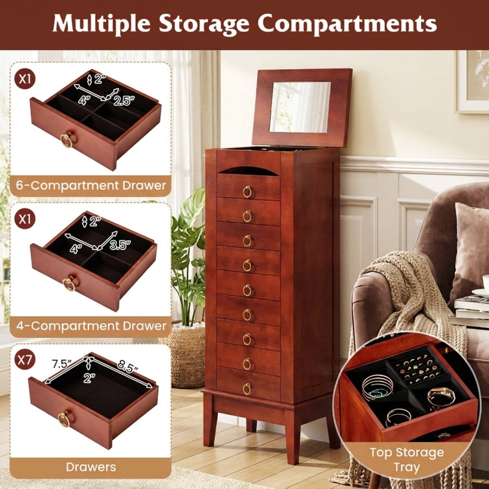 Furnibear Large Capacity Jewelry Storage Cabinet with 9 Drawers for Bedroom Dressing Room Jewelry Necklace Rings Storage Mirror, Walnut