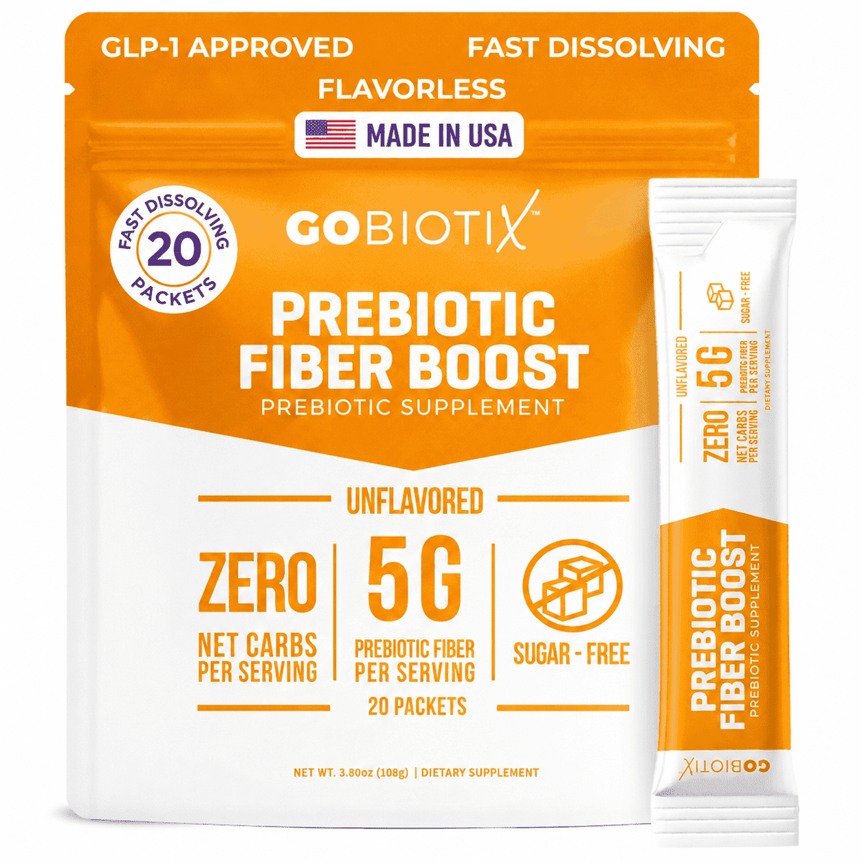 GoBiotix Fiber Supplement Prebiotic Powder Travel Packs, Sugar Free Fiber Powder for Digestive Health, 20 Count