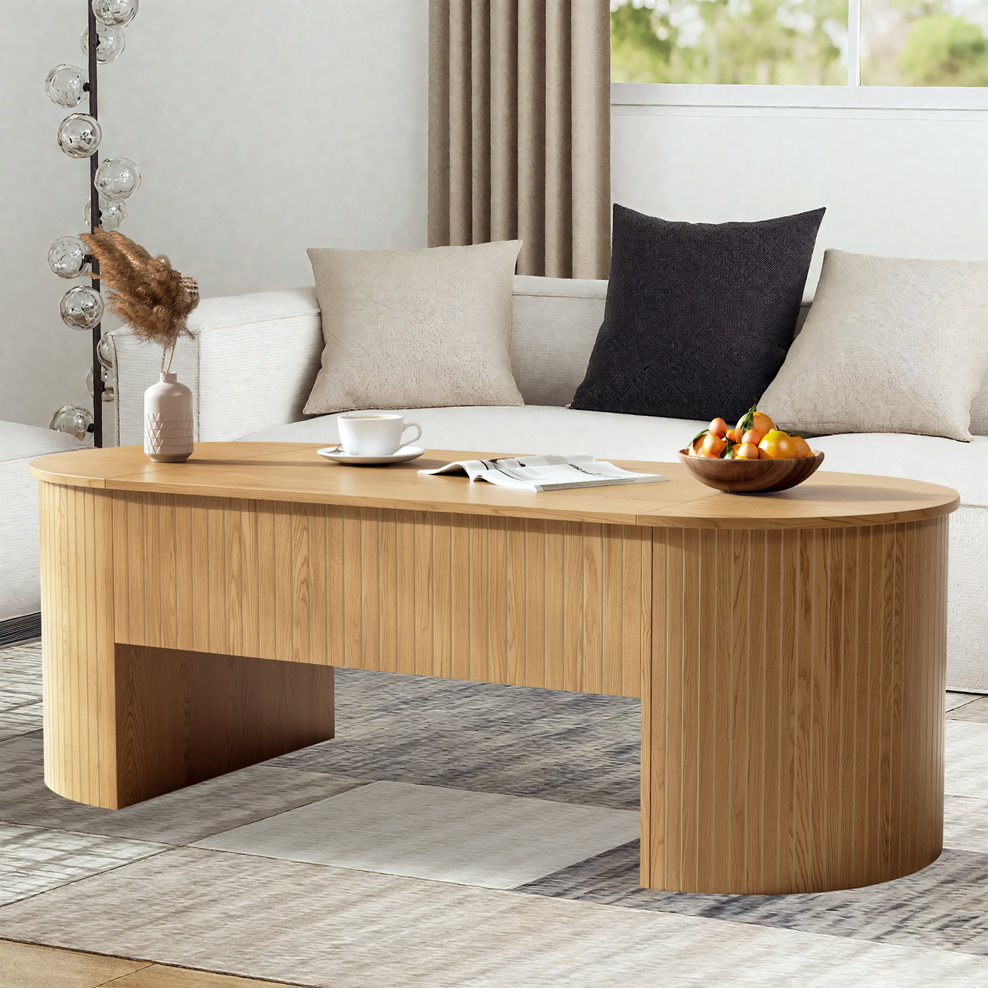 Lift Top Coffee Table with Storage, Oval Center Table with Hidden Compartment, Modern Coffee Table for Living Room, Wood