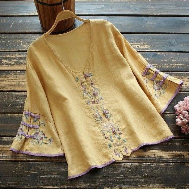 Camisetas de lino y algodón para mujer, ropa bordada de estilo chino, informal, elegante, moda de verano qym unisex