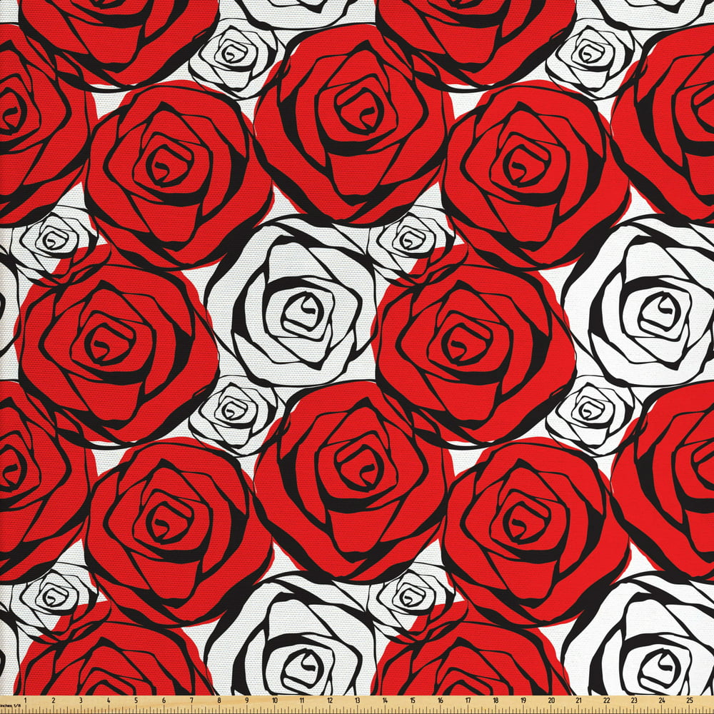 Red and Black Fabric by The Yard, Roses with Black Contours in Retro ...