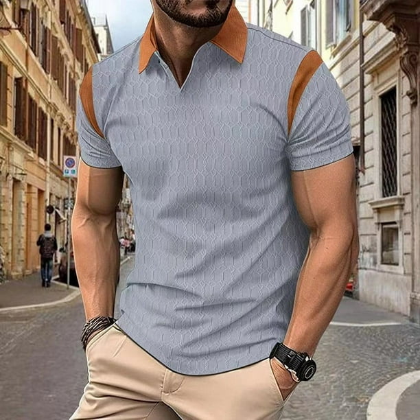 pstuiky camisetas de hombre, Camisa informal de color liso con cuello vuelto y manga corta de cedro para hombre ropa de hombre m