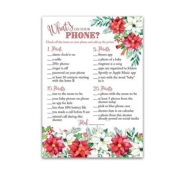 CHRISTMAS Baby Shower Game — WHAT'S ON YOUR PHONE Baby Shower Game — Pack of 25 — HOLIDAY Baby Shower Party Games, Winter Baby Shower Party Games, X-Mas Christmas Baby Shower Activity, SKU G770-PHN