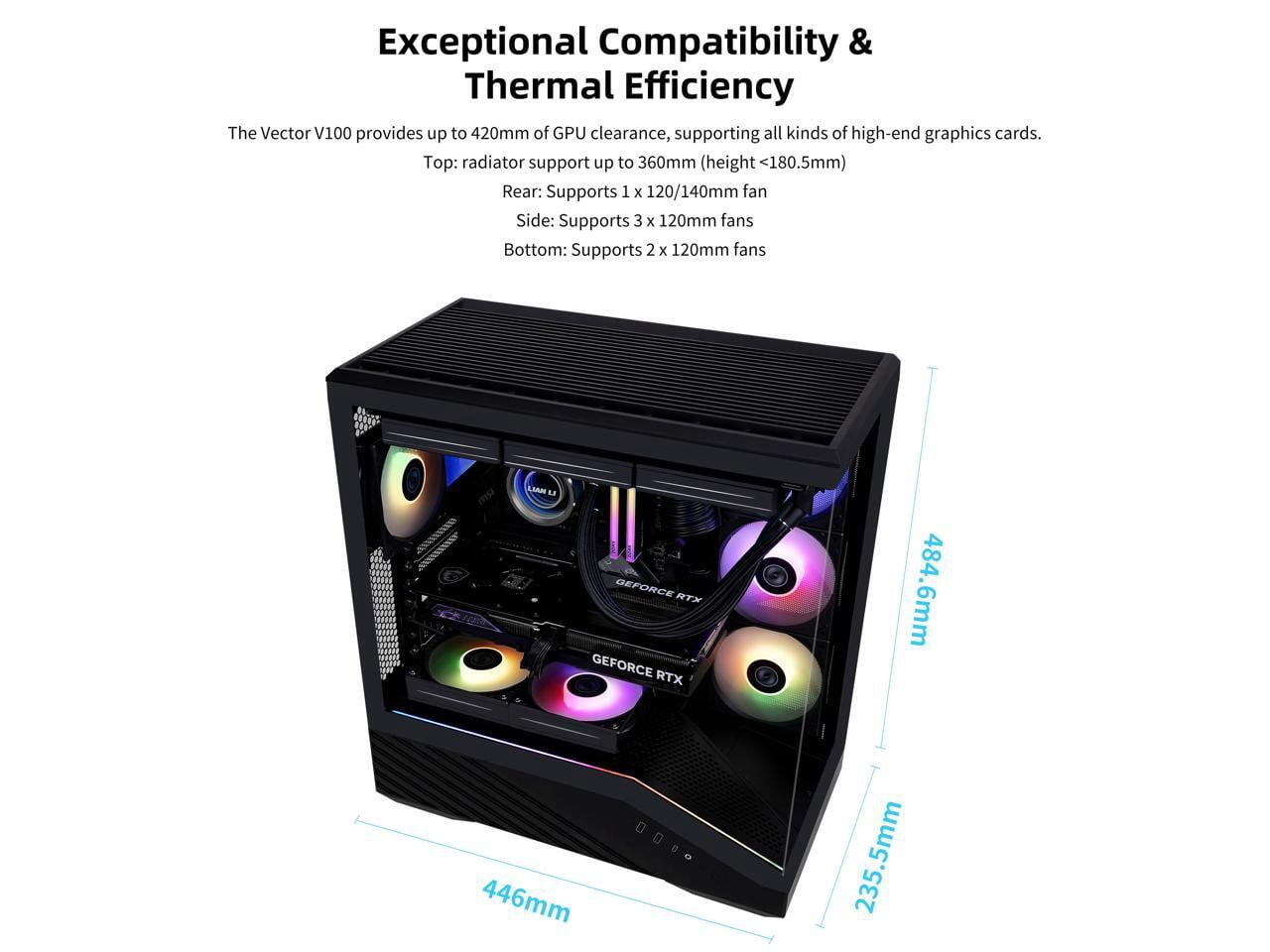 Lian-Li V100RX 4 x 120 mm ARGB PWM Optimized Airflow Fans Mid Tower Case - Black
