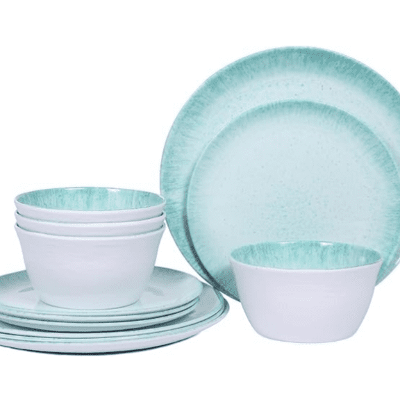 Dinnerware Sets - 12pcs Dishes Plates and Bowls Set, Service for 4, Turquoise with Spot
