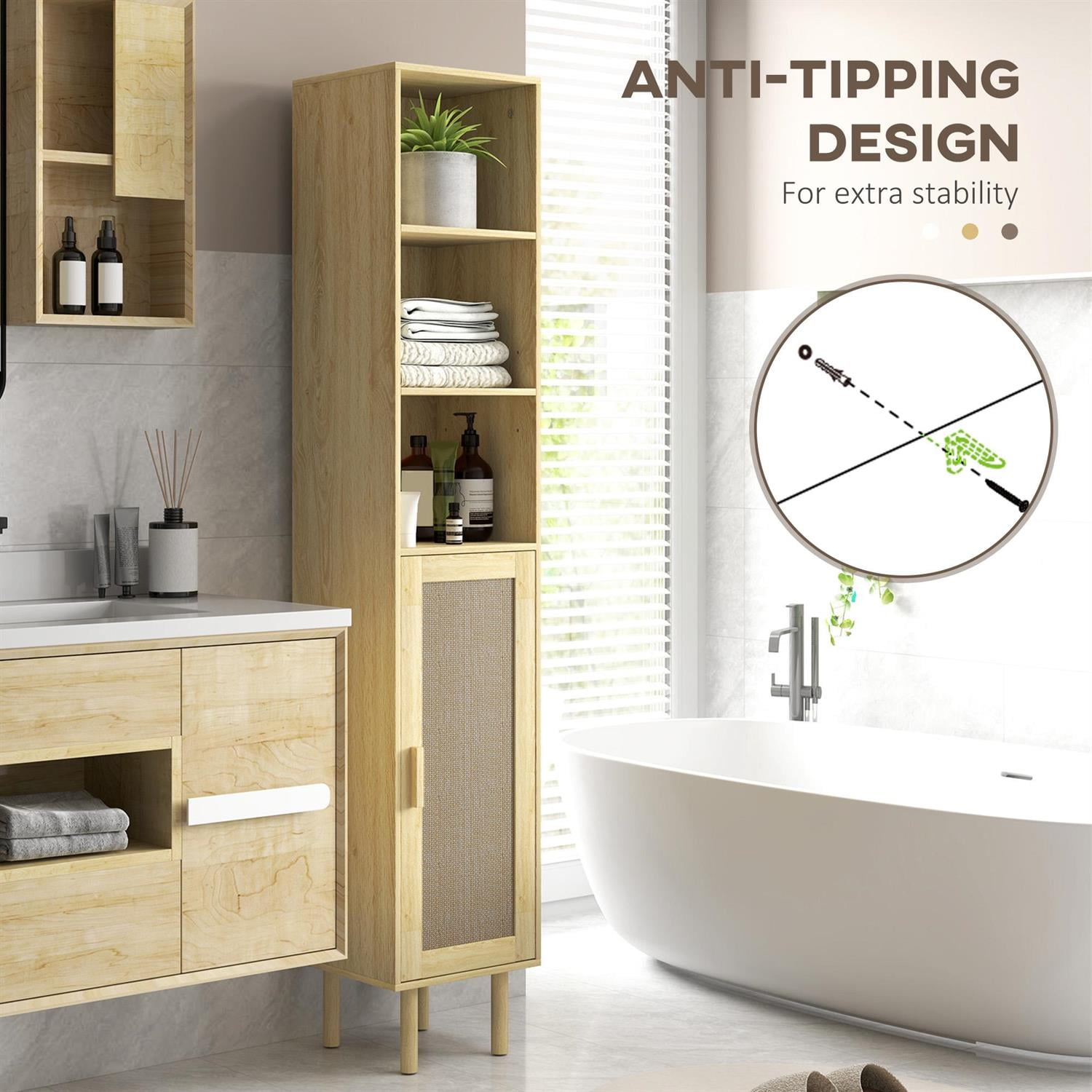 Demi Bonn 66" Tall Bathroom Storage Cabinet with Rattan Design , Adjustable Shelves, Freestanding Bathroom Furniture for Modern Spaces, Beige