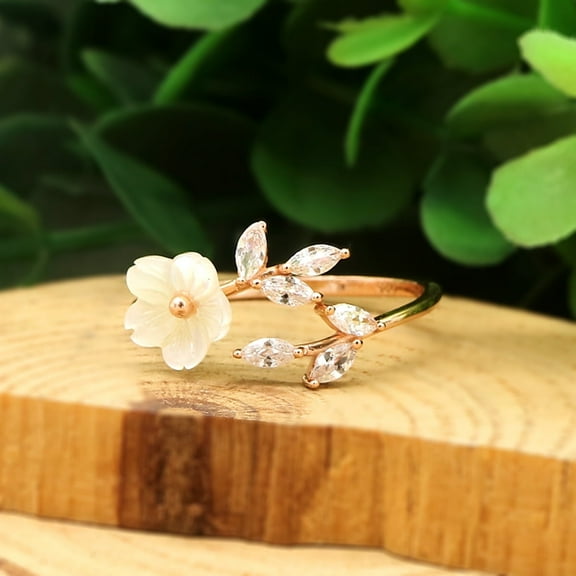 14K Rose Gold over Sterling Silver Floral Bypass Ring With Crystals
