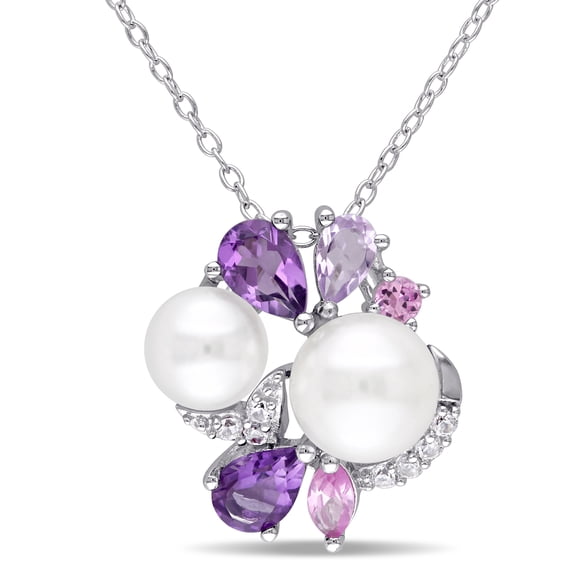 Everly Women's Cultured Freshwater Pearl and Multi-Gemstone Sterling Silver Cluster Pendant with Chain
