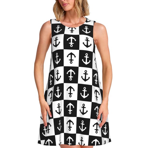 Balery Nautical Anchors1 Vestidos de verano para mujer con estampado: vestido holgado sin mangas, vestido playero informal y cómodo para días calurosos.